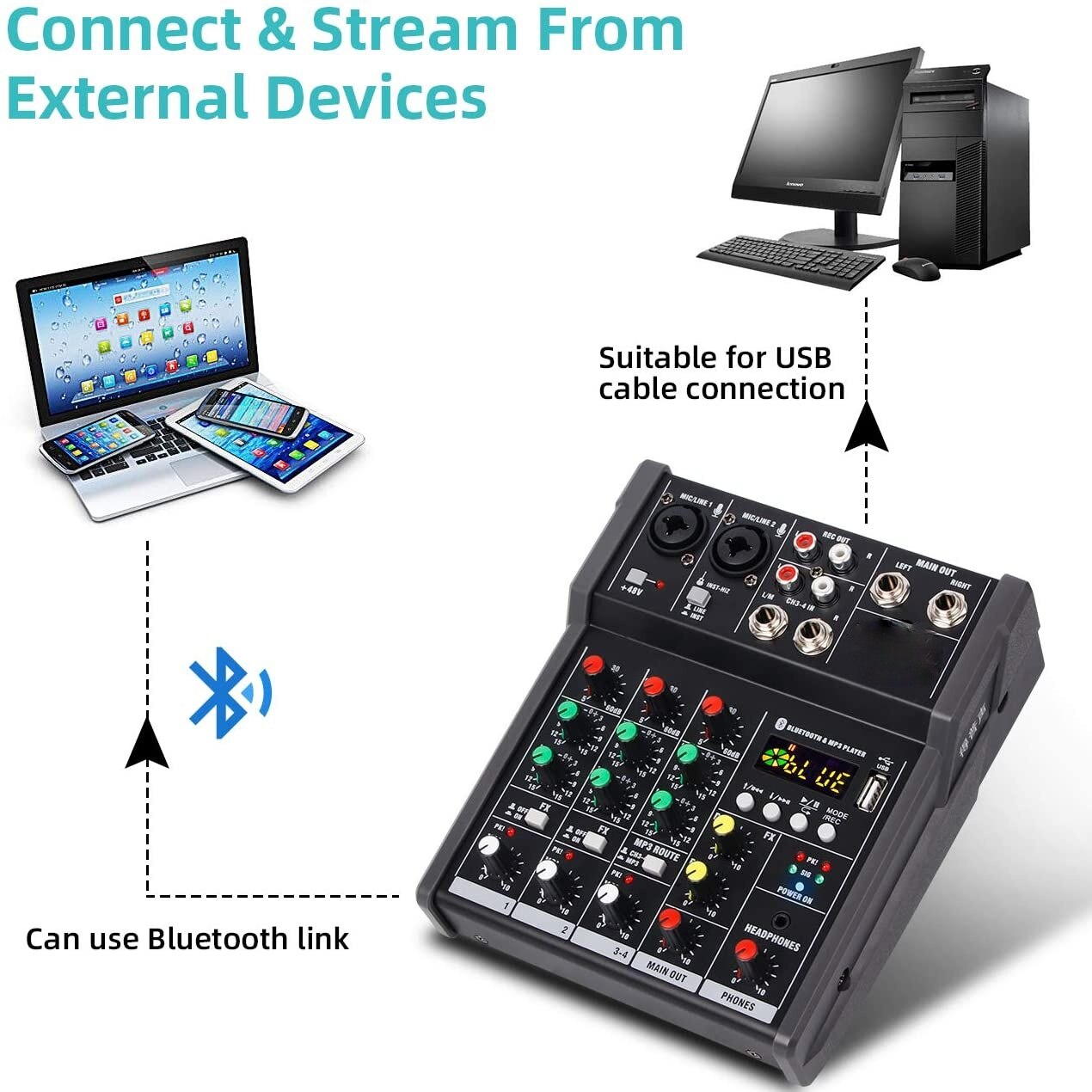 A4 Sound Mixing Console Bluetooth Usb Record Computer Afspelen 48V Phantom Power Vertraging Repaeat Effect 4 Kanalen Usb Audio mixer