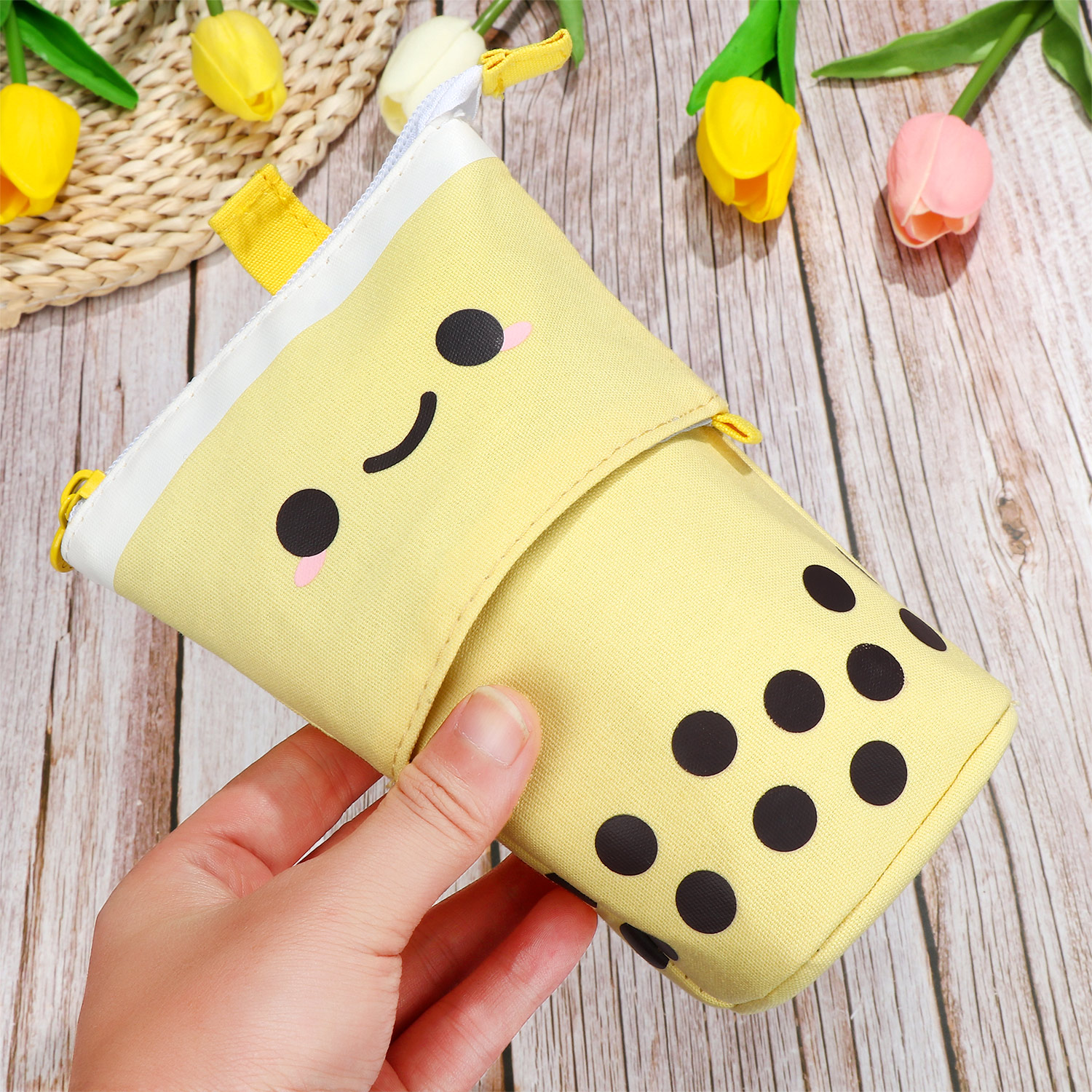 1 Set Cute Boba Milk Tea Pen Case Pencil Holder Stationery Case Stand Up Telescopic Pencil Case Pen Box Stationery Pouch Bag