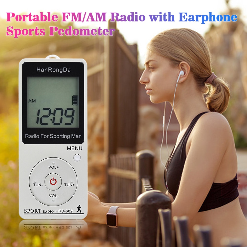 Hanrongda radio fm / am radio bærbar radiomodtager lcd display låseknap lommeradio med øretelefon sports skridttæller