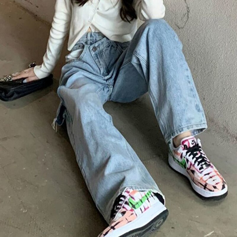 Jeans Fille YBWZH Taille Haute - Style Vintage Baggy - Jambe Large - Denim Élastique - 4-15 Ans Jeans Vintage