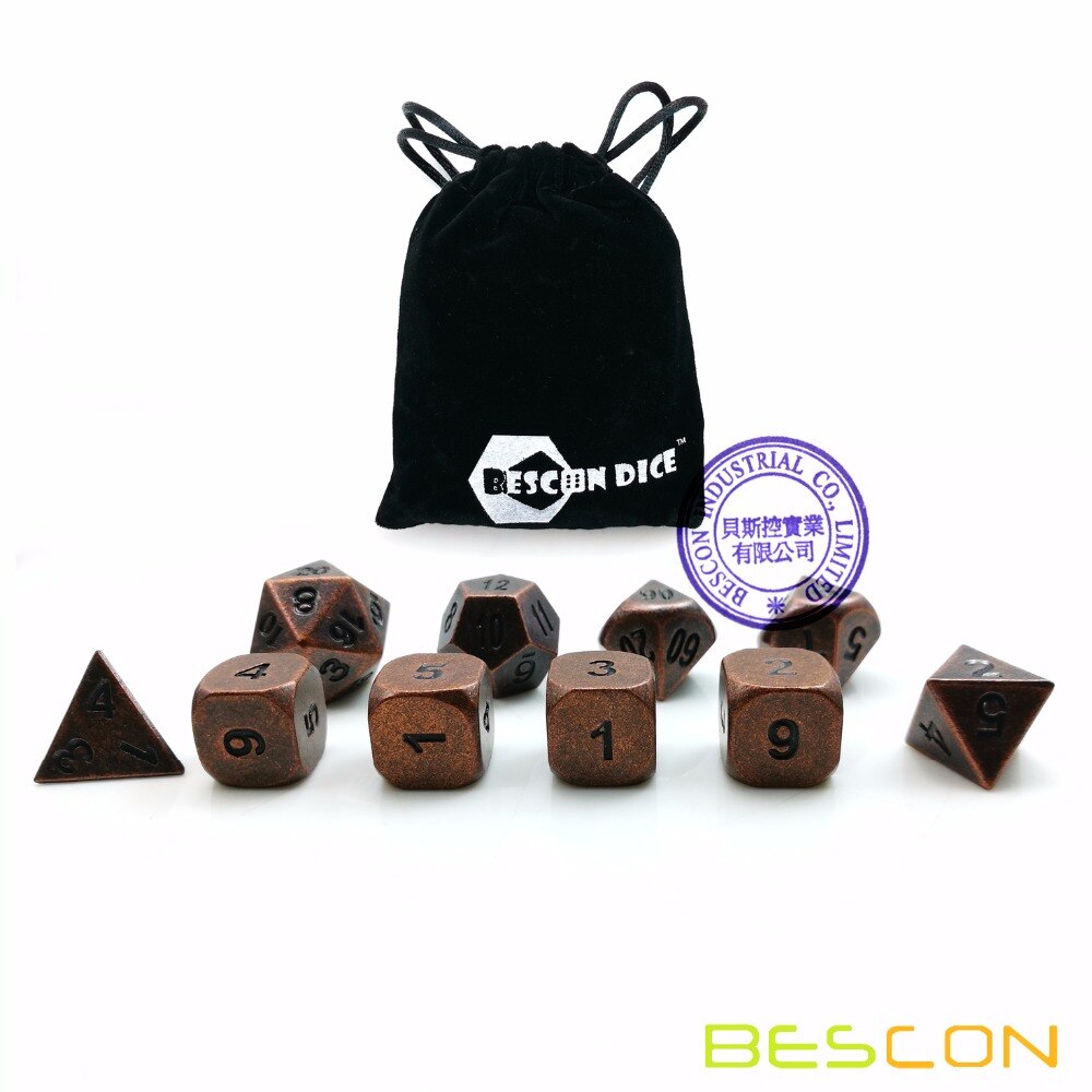 Bescon 10 Stuks Set Antieke Koperen Solide Metalen Polyhedral D & D Dobbelstenen Set, oude Koperen Metalen Rpg Rol Playing Game Dobbelstenen 7 + 3 Extra D6s'