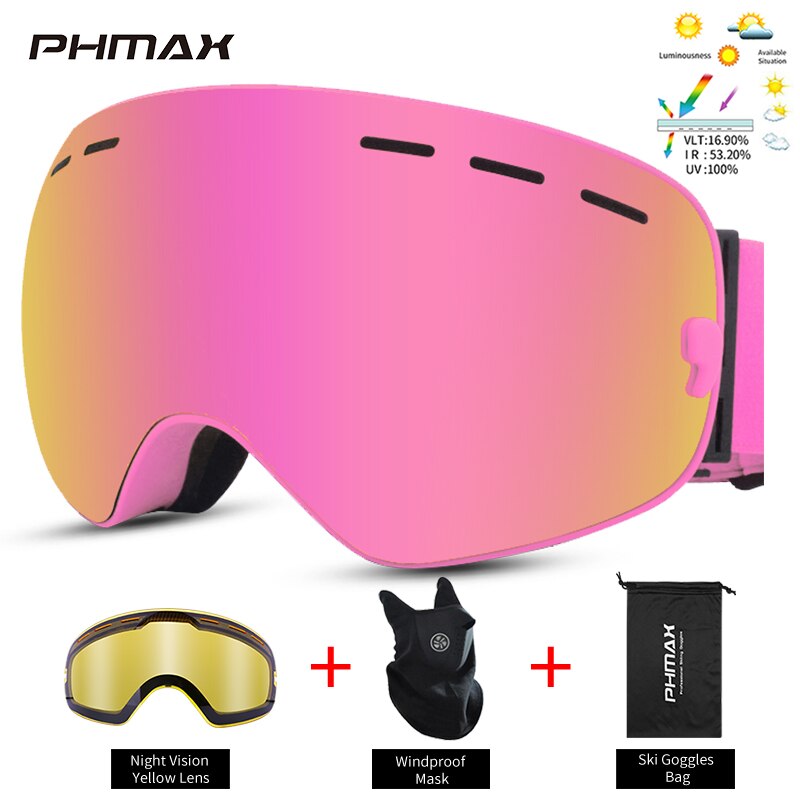 Phmax-óculos de esqui, unissex, máscara de neve, óculos de inverno, ski, com lentes amarelas, anti-neblina, snowboard: XJ-0108-SJ
