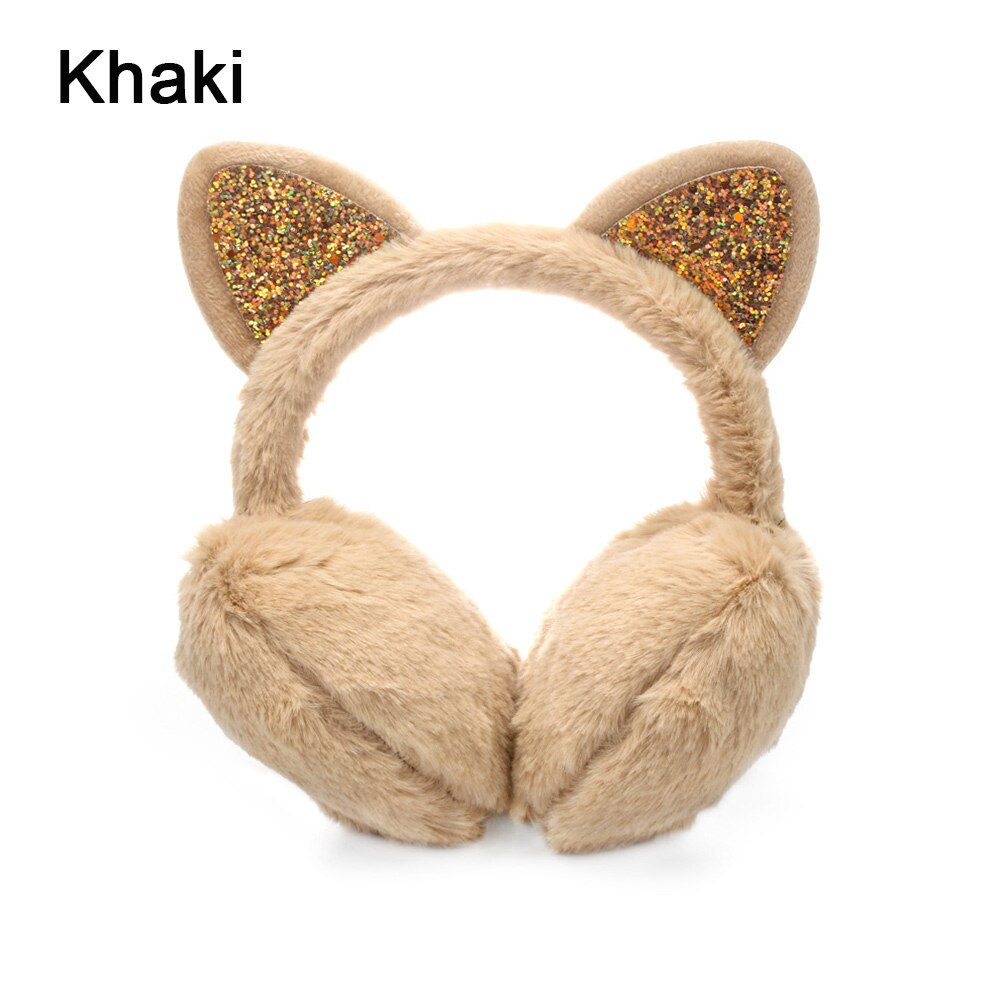 Dejlige vinter varme ørebeskyttere til kvinder piger kat ører plys øreopvarmere ørebeskyttere paillet ørebeskyttere fluffy øreflap hovedbøjle: Khaki
