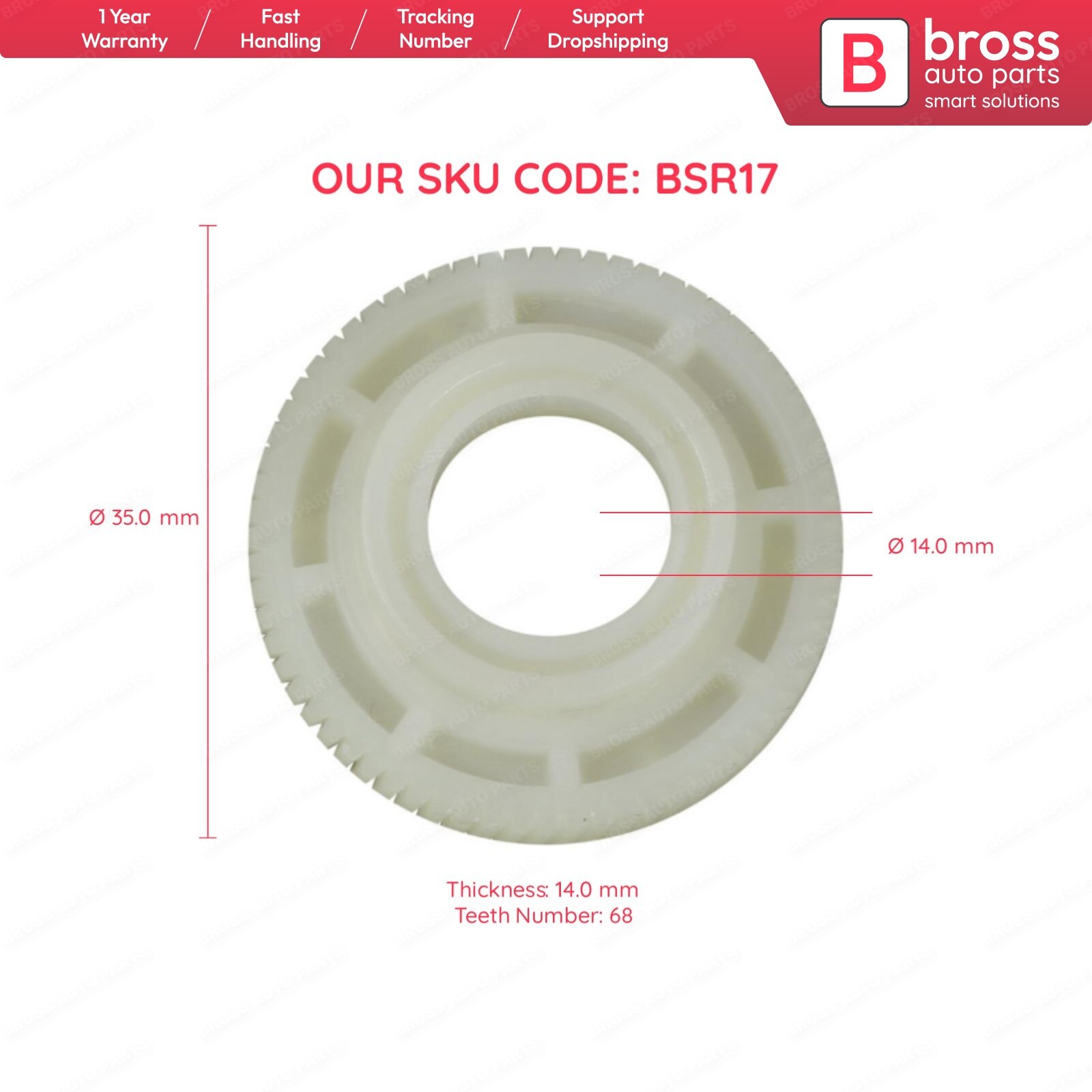 Bross BSR17 Sunroof Motor Repair Gear for Toyota RAV 4 Teeth Number: 68, Gear Diameter: 35.44mm, Upper Diameter: 21.97mm