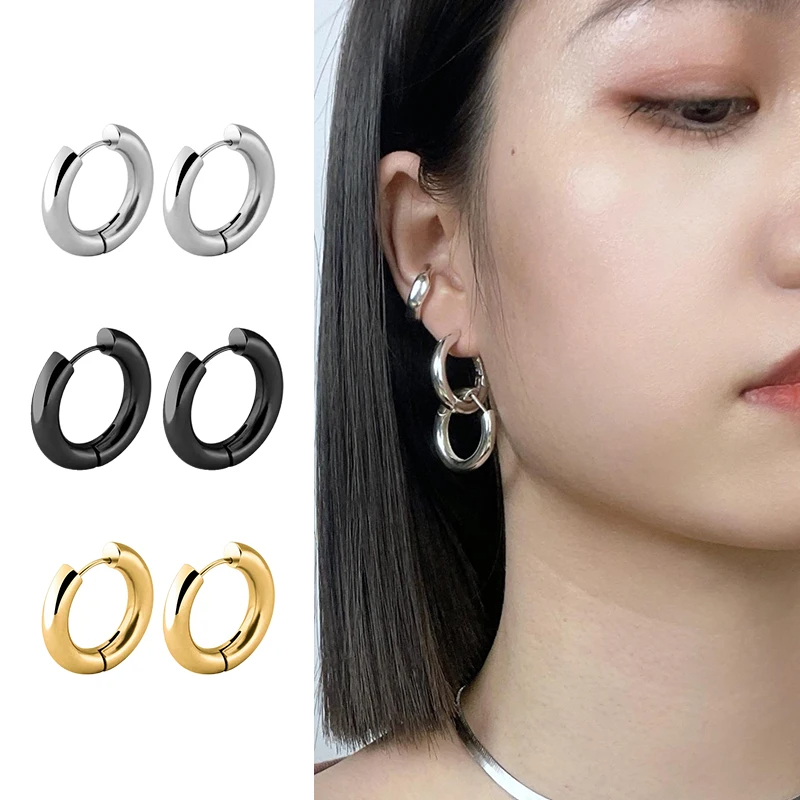 2pc Stainless Steel Small Hoop Earrings Punk Hip Hop Circle Round Huggie Hoop Earrings for Women Men Ear Ring Ear Bone Buckle