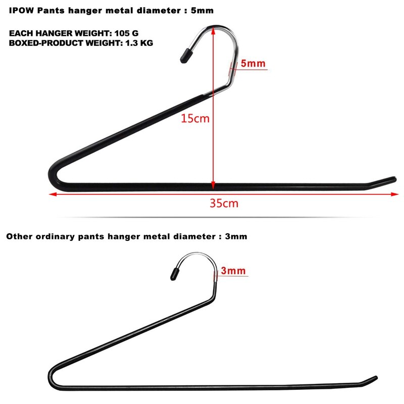 Metal Slacks/Trousers Hangers Open Ended Pants Easy Slide Organizers, Chrome and Black Friction, Non-Slip Arms, Set of 10