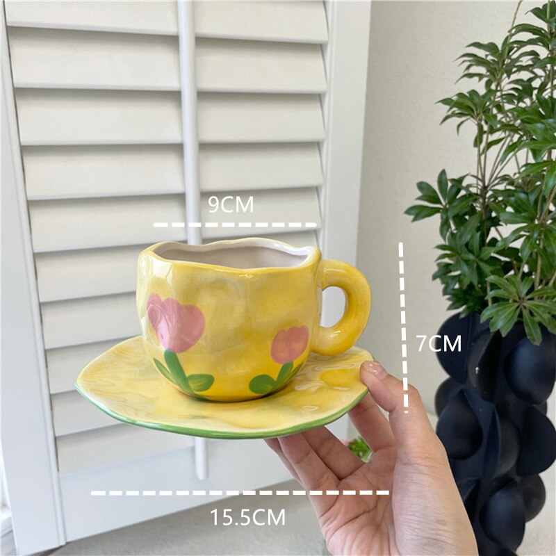 Juego de tazas de café de cerámica de cuadros rosas nórdicos, Irregular, decorativo para el hogar, desayuno, leche, té, cocina, taza para beber, taza de café: Yellow