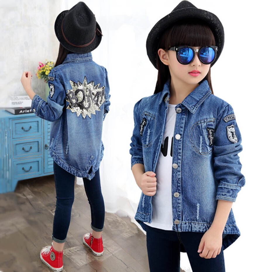 Teenage Girls Long Denim Jacket Sequin Girls Coats Outerwear Letter Children's Jacket Casual Style Clothes Girl