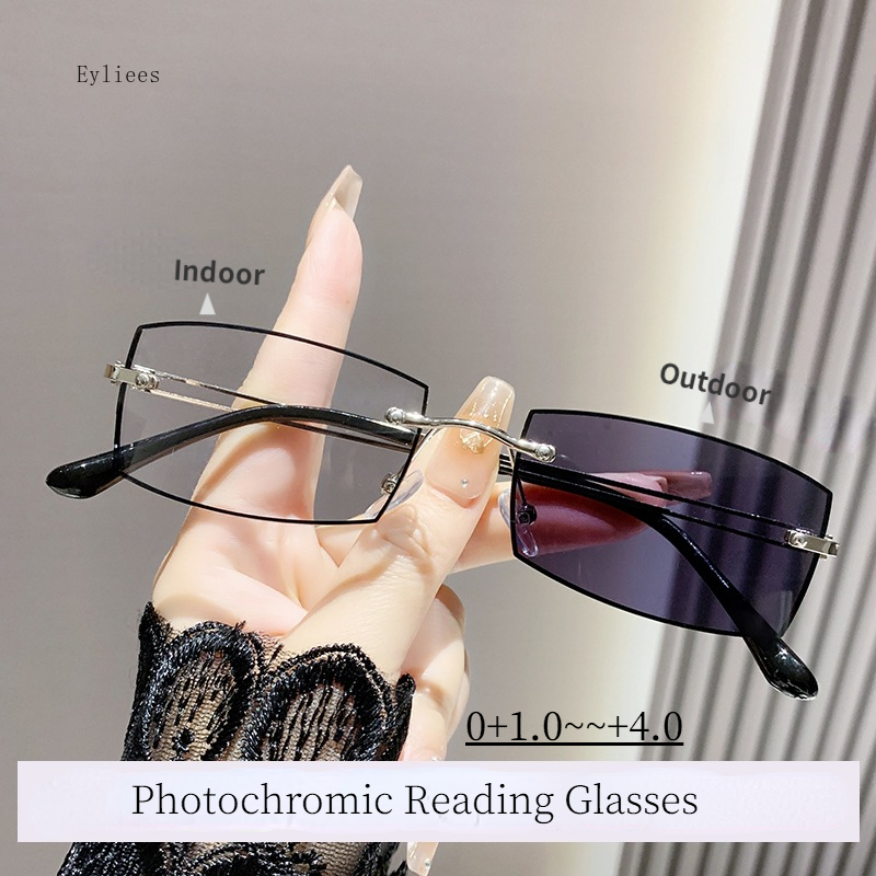 Gafas de sol fotocromáticas cuadradas sin montura para hombre y mujer, lentes de lectura con bloqueo de luz azul, lentes de Vista lejana terminadas, dioptrías