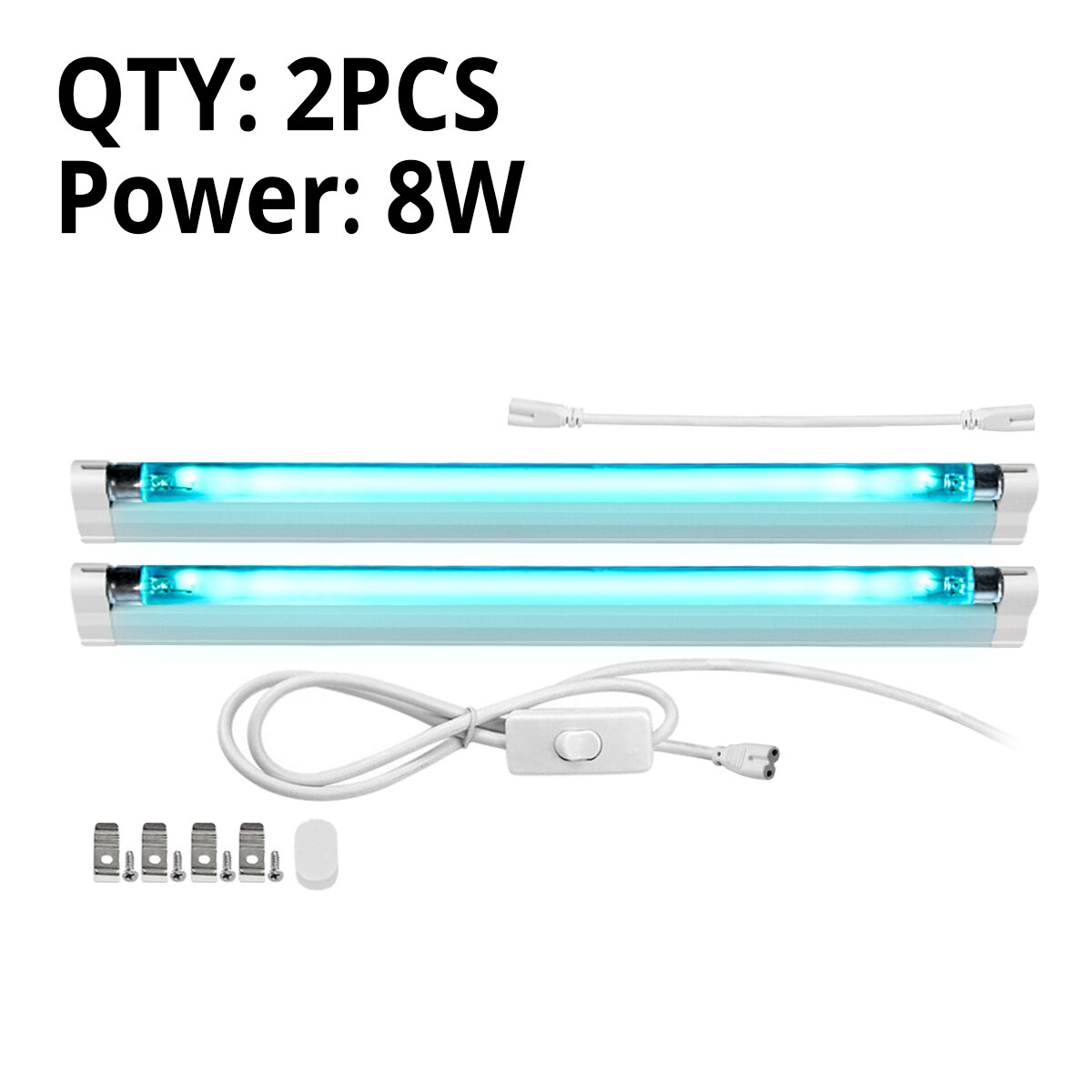 UV Quartz Lamp T5 110V/220V Germicidal Light Ozone UVC Disinfection Sterilizer Kill Dust Mite Tube Lamp For Hospital Home Use: 2Pcs 8W With Plug / 110V