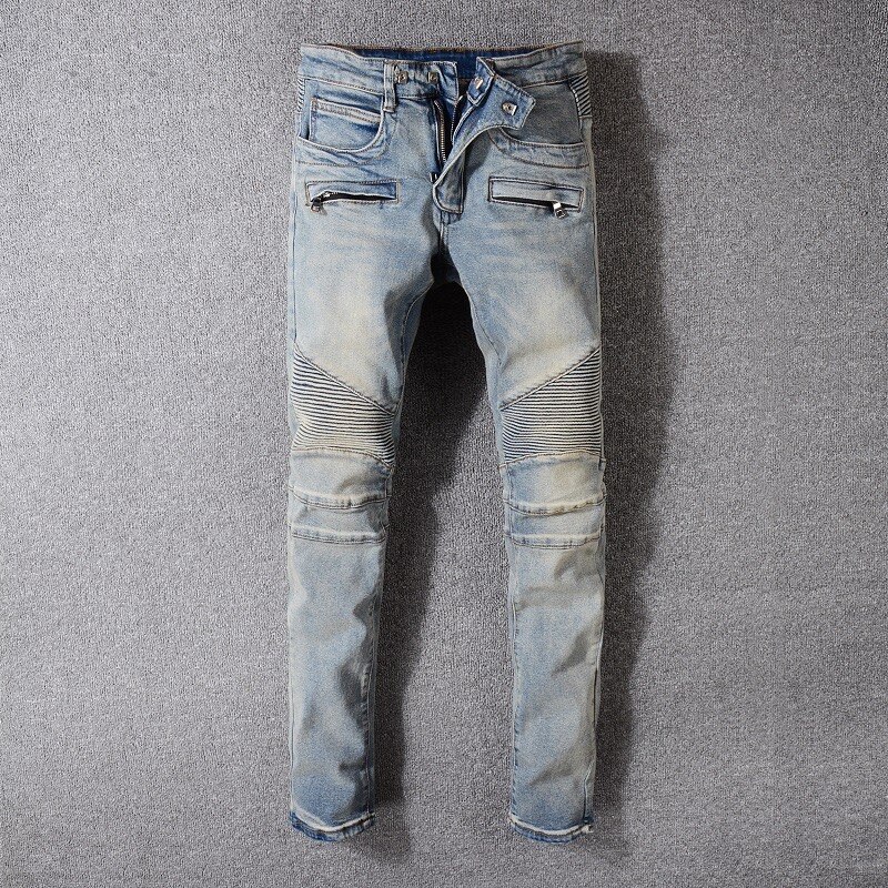 Men's Denim Biker Distress Jeans Motorcycle Slim fit Riding Pants