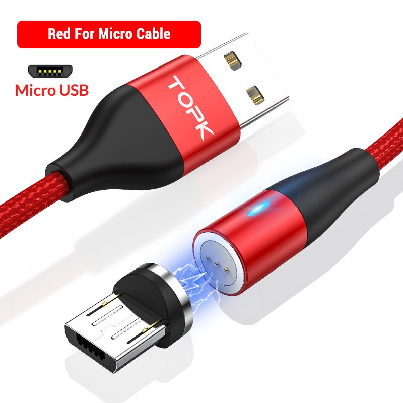Topk AM60 3A Snel Opladen Led Magnetische Micro Usb Type C Kabel Voor Iphone Xs Max 8 7 6 Telefoon kabels: Micro Cable Red