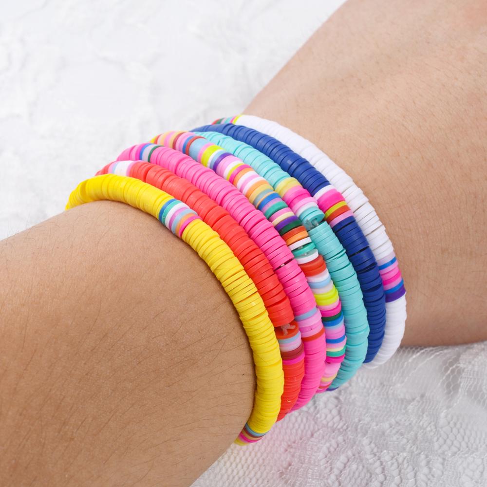 6mm Recycelbar Polymer Ton Rabatt Perlen strecken-Armbänder Für Frauen Femme Boho Gemischt Farbe Surfer Armbinde Handgemachten Schmuck