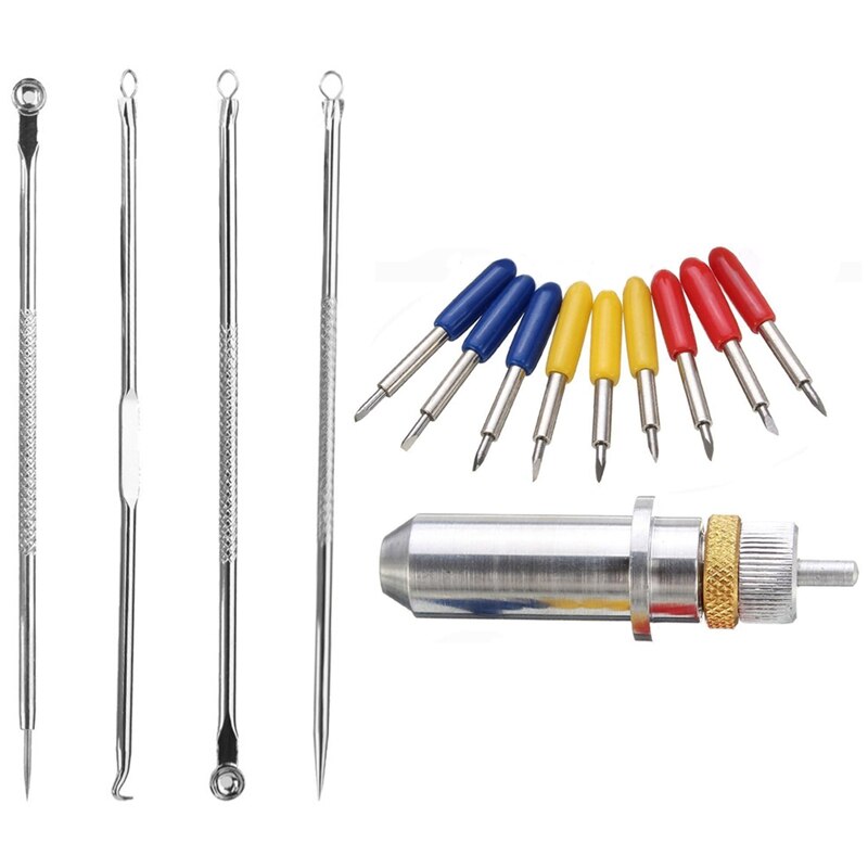 1 set snijplottermesjeshouder, snijmessen en 4 stuks dubbele acne-acne-knoppenverwijderaar en acne-naaldenset
