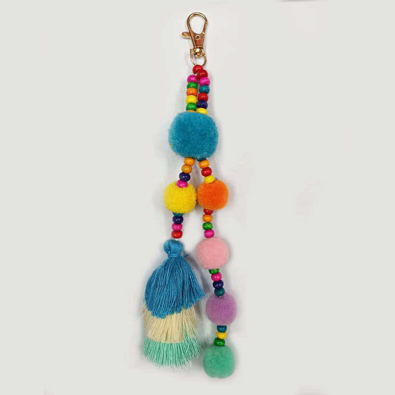 1pc Boho Style Colorful Keychains Wooden Beads Pompom Keyring With Rainbow Tassel Jewelry For Summer Women
