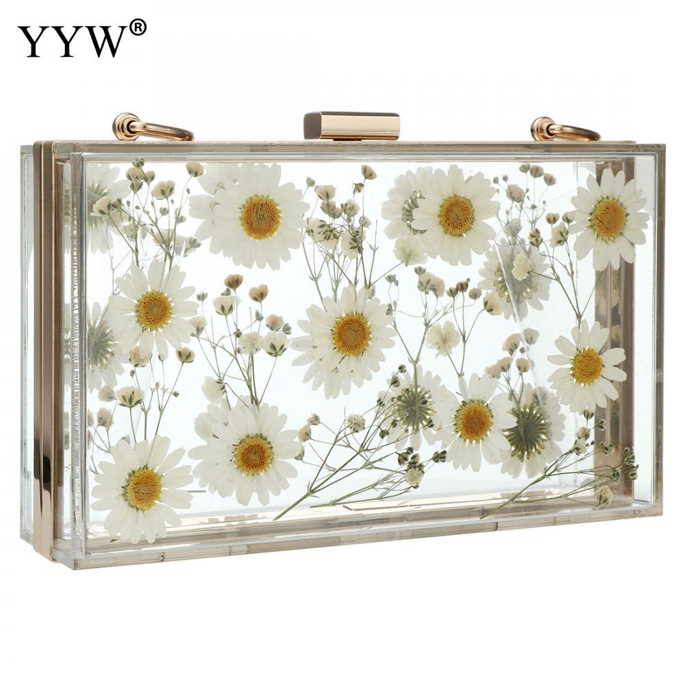 Acrylic Transparent Floral Evening Clutch Wedding Bridal Cute Wallet Women Tote Pack Clear Hard Box Metal Chain Shoulder Bags: white b