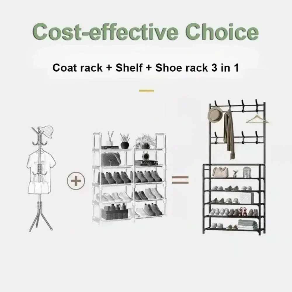 Clothes Hanger Multi-Layer Shoe Rack Shelf Floor Standing Coat Racks Assemble Cloth Storage With Hooks Sneakers Organizer