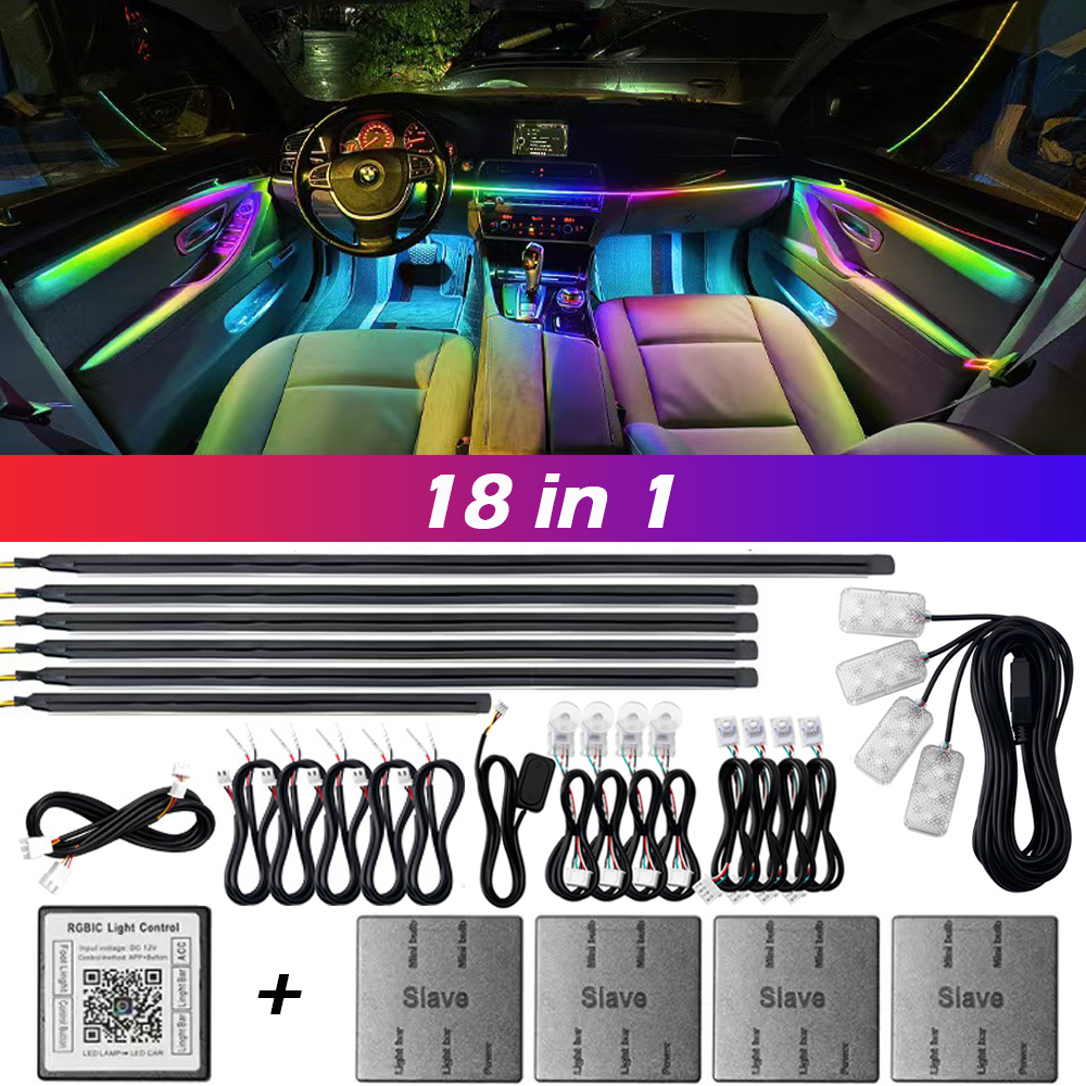 18 in 1 Dual Zone Symphony Streamer Car Ambient Light Interior LED Full Color RGB Neon Acrylic Strip Atmosphere Lighting Kit App