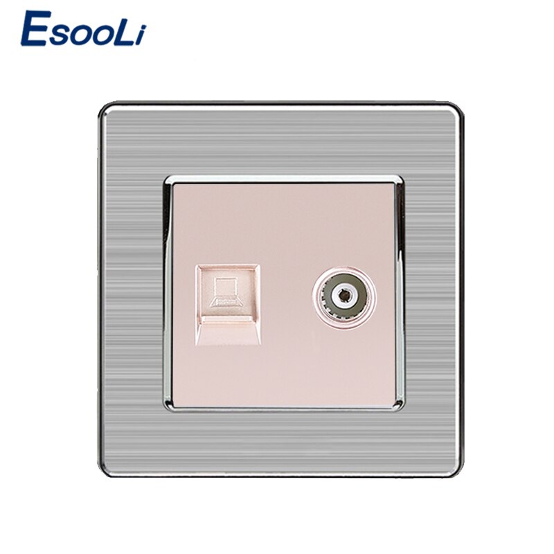 Esooli 2 Gang RJ45 Internet Data Computer Jack CAT5E Connector With Female TV Outlet Stainless Steel Brushed Panel Wall Socket