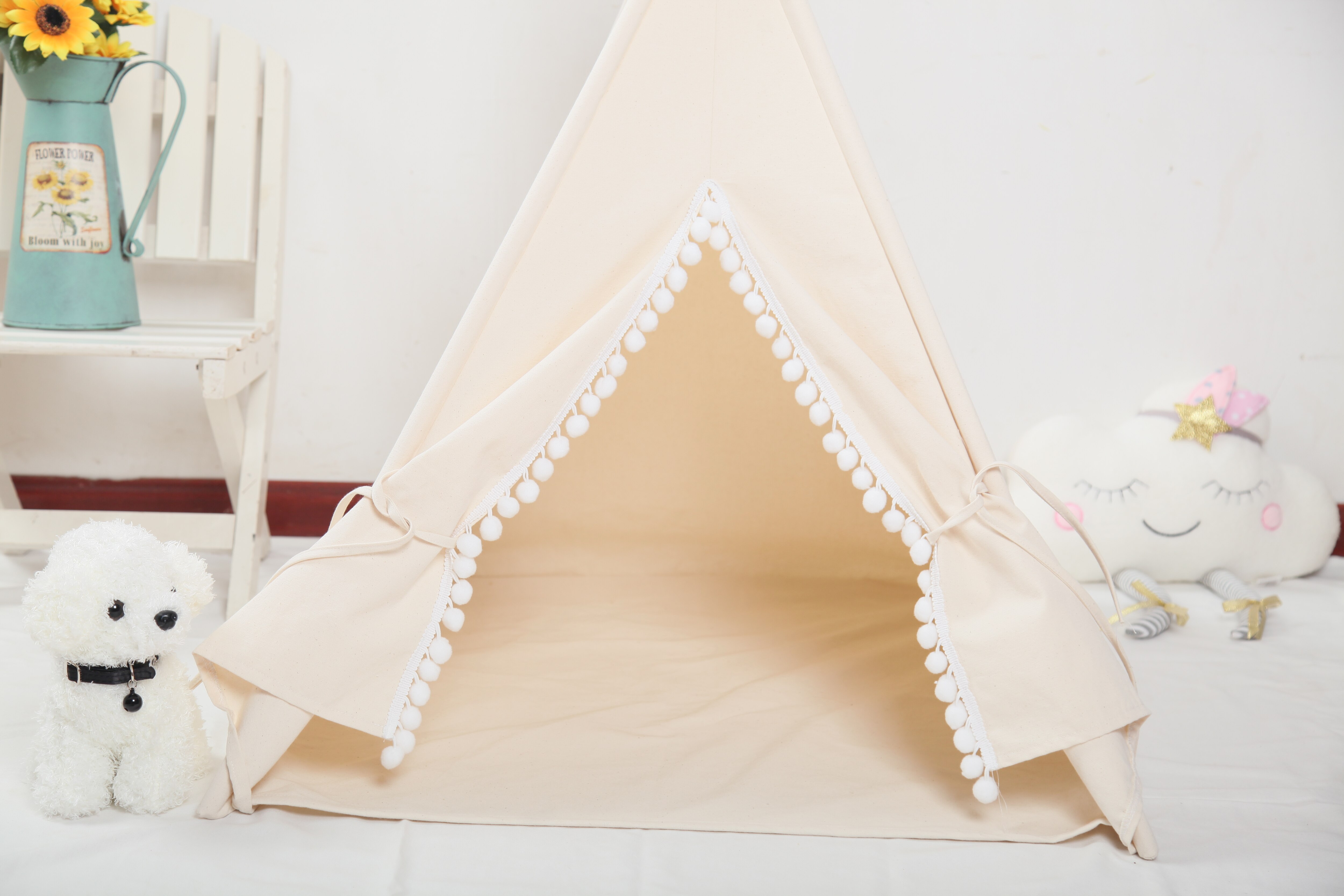 Natural Canvas PomPoms Hedgehog Teepee Guinea Pig Bed, Small Pet Teepee,Pet Tipi