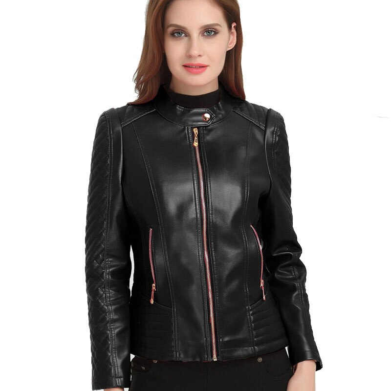 Lusumily Plus Size 6XL Leather Jacket Women Pu Leather Coat Stand Collar Shirt Outwear Red Motorcycle Jackets Female