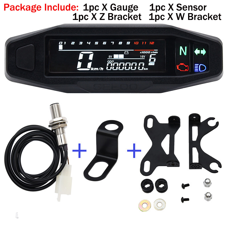Universal Moto Rpm Toerenteller Snelheidsmeter Speed Gauge Tacho Meter Digitale Kilometerteller Instrument Sensor Set Voor Motorfiets: with 2pcs bracket