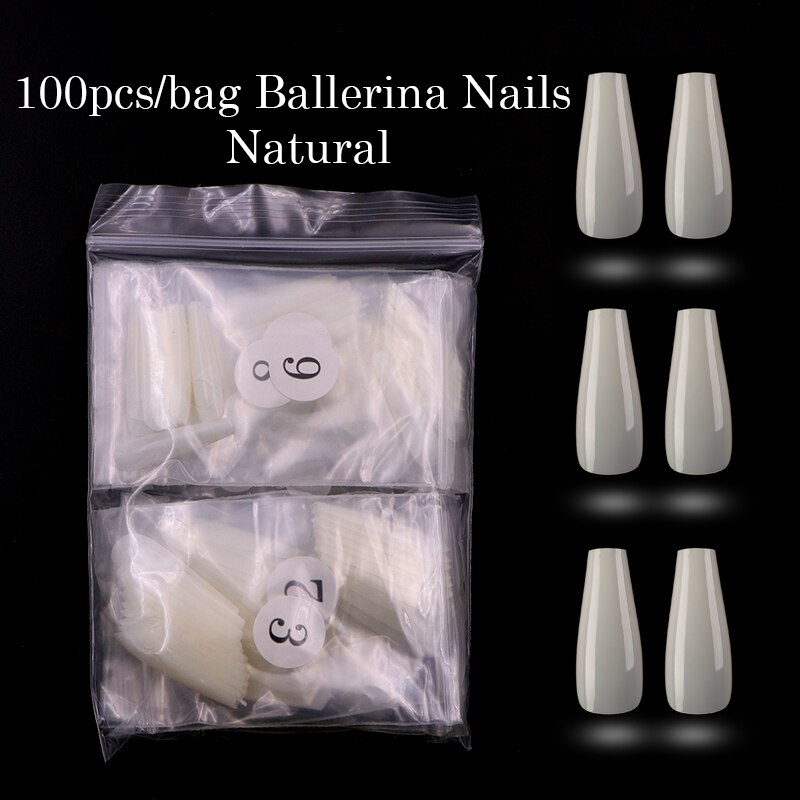 100 stk/opp lange ballerina negle kunstige kunstige negle klare/naturlige/hvide lange kiste negle spidser fuld dæksel aftagelig nail art: Natur -100 stk