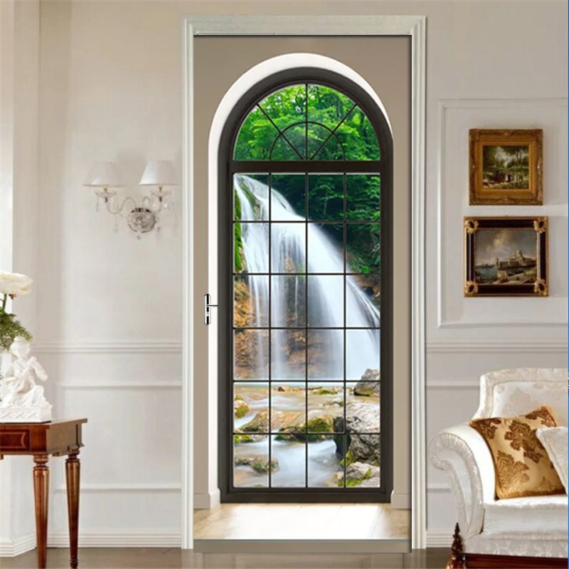 2Pcs/Set Waterfall Scenery Outside The Window 3D Wall Door Sticker PVC Self-adhesive Waterproof Mural Decals Door Decor Poster