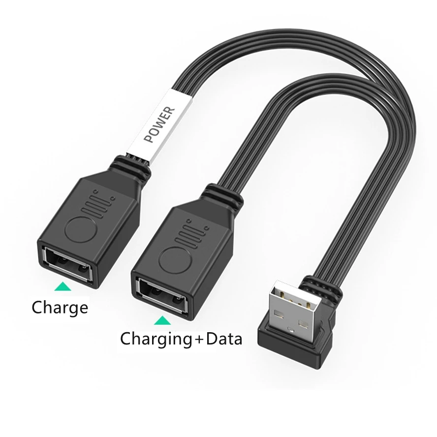 USB 1 to 2 Elbow Computer Extension Cord 65W Fast Charging Flat Data Cable Mobile Phone Car Expander Carplay Y Splitter: WHITE / 0.2M