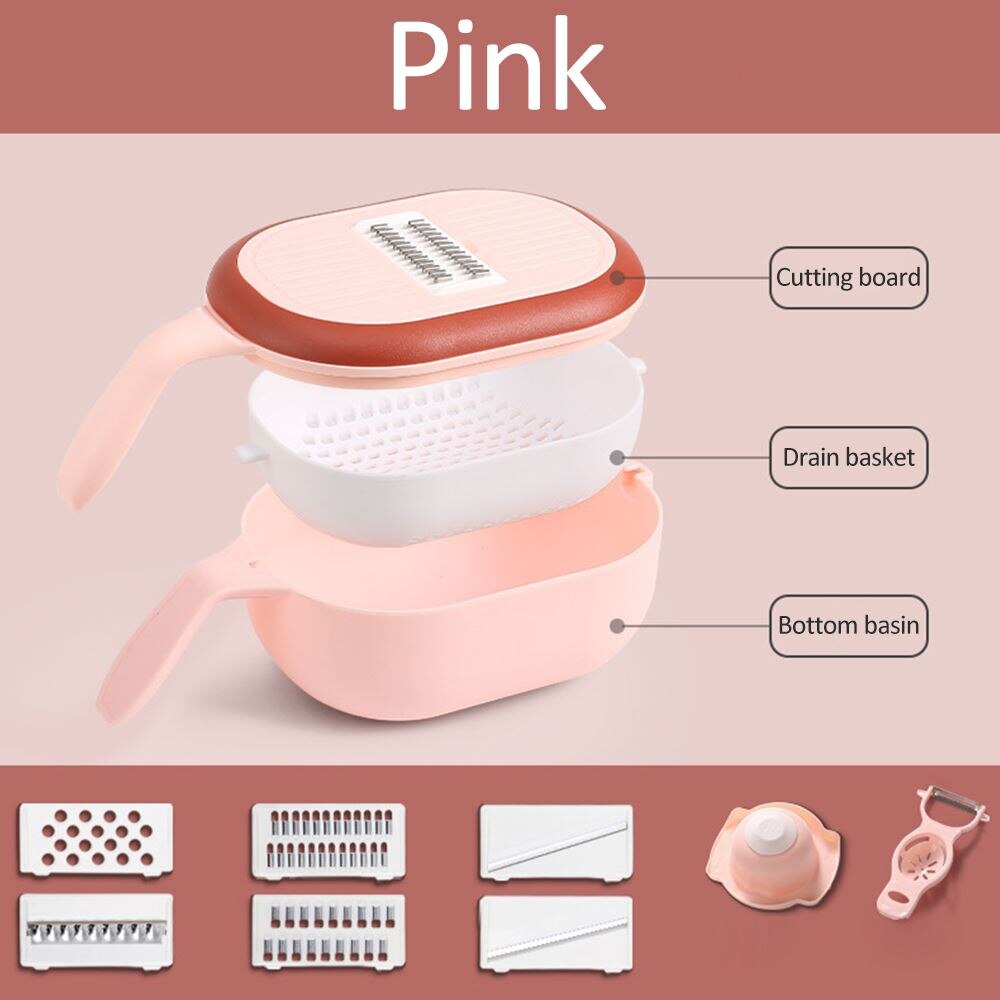 Multifunctionele groentesnijder gadget fruit aardappelschiller wortel kaasrasp groentesnijder afvoermand keukengereedschap: Roze