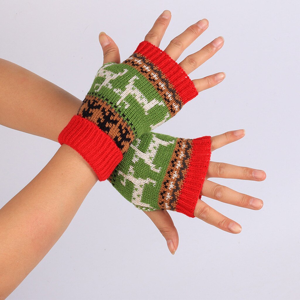 Adult Teens Christmas Winter Gloves Printed Deer Thick Knitted Mittens Fingerless Keep Warm Gloves For Girls Sports Outdoor: Red 