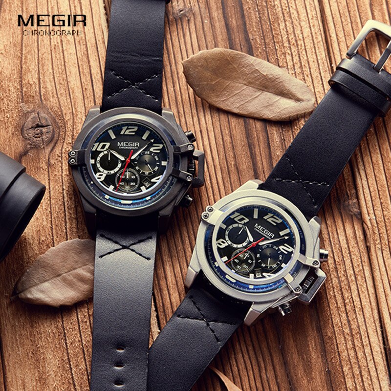 Megir Chronograaf 24-hour Display Quartz Horloges voor Mannen Jongens Mans Waterdichte Lederen Band Lichtgevende Polshorloge met Date2052G