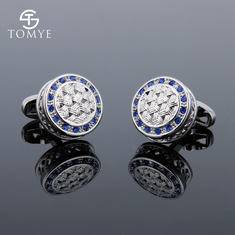 TOMYE Men&#39;s High French Shirt Round Hollow Blue Crystal Cufflinks Business Wedding Luxury Jewelry XK18S026