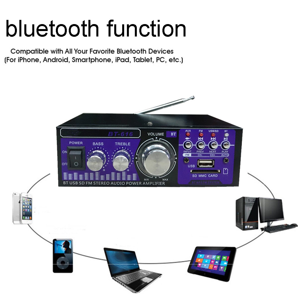 200W HIFI bluetooth Power Amplifier Car/Home Theater Digital Power Audio Amplificador for Speaker Treble Bass Control FM USB SD