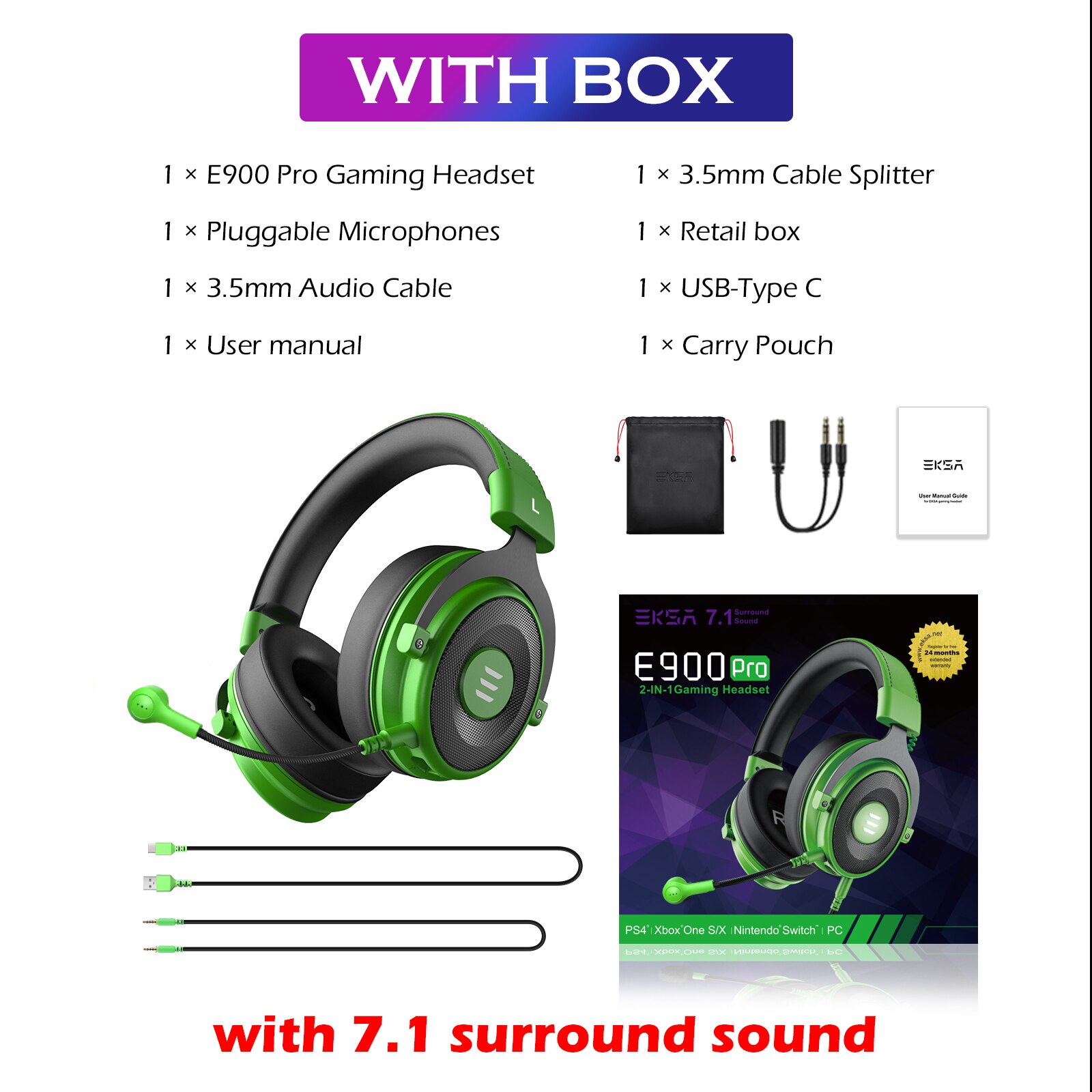 EKSA Gaming Headset Gamer E900/E900 Pro 7.1 Surround Wired Gaming Headphones with Microphone For PC/PS4/PS5/Xbox one/Switch: PRO Green with Box