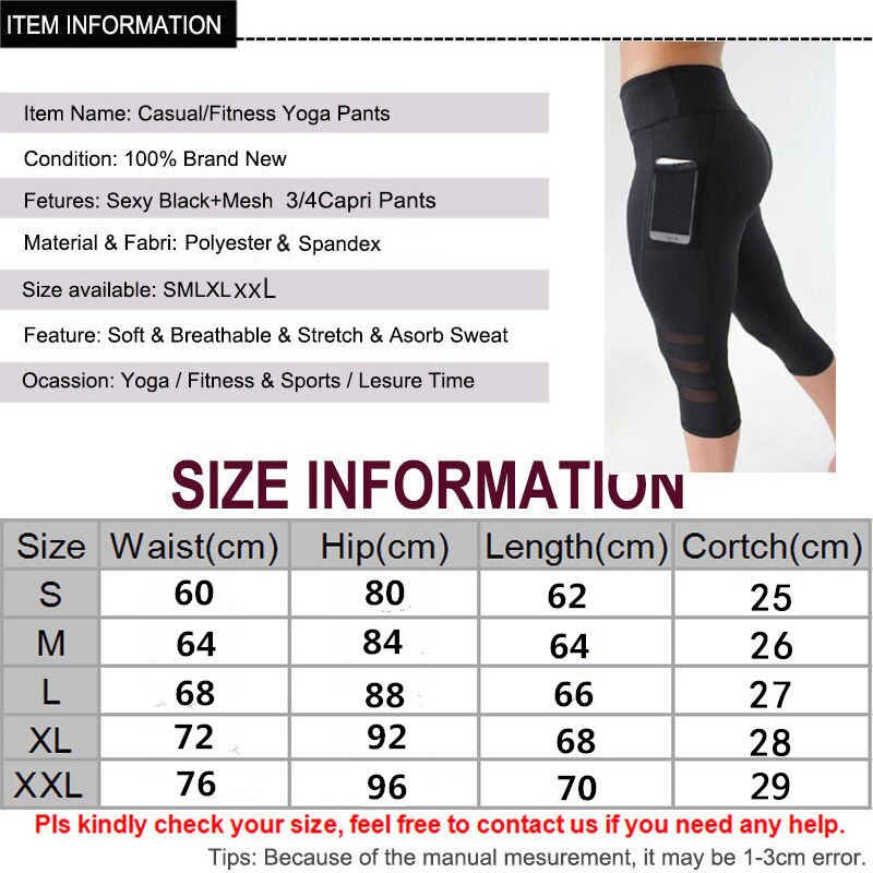 LJQlion Mesh Pocket Leggings Women Gym Sport Yoga Pants Capri 3/4 Short Push Up Tights High Waist Breathable Workout Leggins