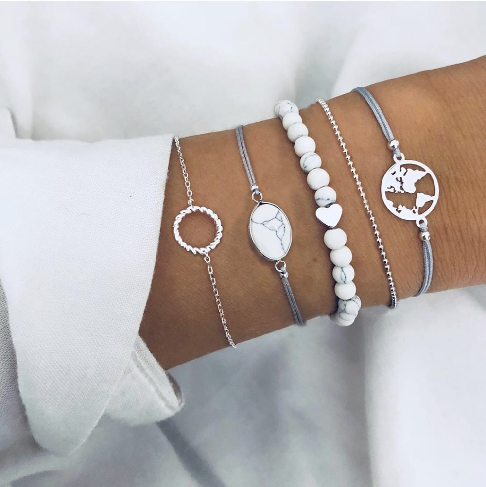 UAM , , pulseras de cuentas de piedra de mármol blanco, 5 unids/set, pulseras de abalorios bohemios de , brazaletes para mujer, de joyería