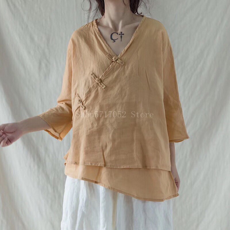 Ropa china tradicional Retro para mujer, camisas de lino con cuello en V, Tops holgados Vintage de doble capa, Tops elegantes de estilo chino Hanfu: Color5
