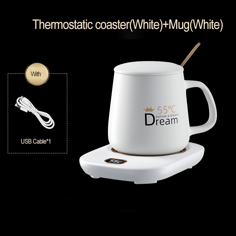 Smart Coffee Mug Cup Warmer Heating Coasters USB Charging Milk Tea Water Constant-temperatures Mug Set For Home Heating Mugs Pad: White Set