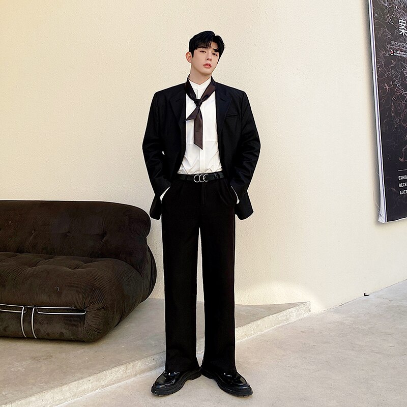 Chaqueta de seda para hombre, traje informal holgado con cuello de corbata, Vintage, ropa de calle, Chaqueta de vestir, abrigo Harajuku