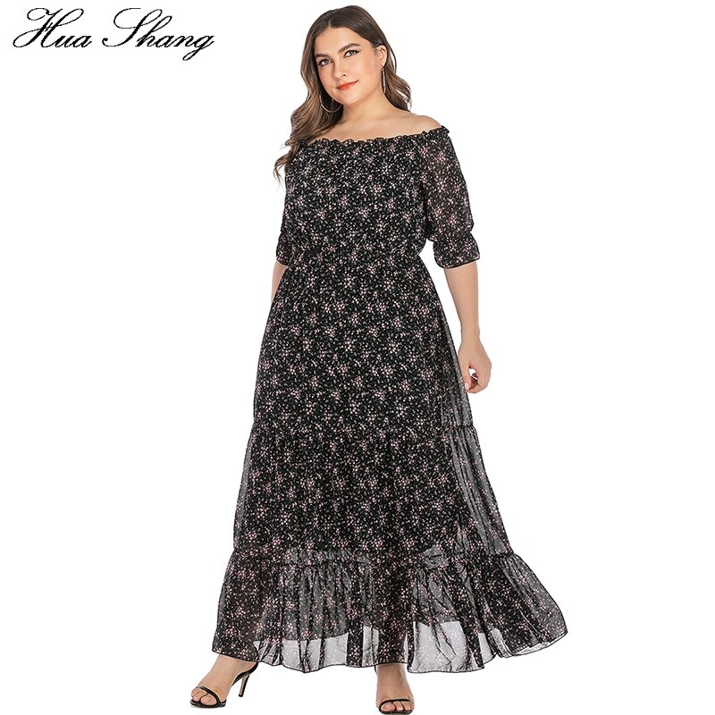 Off Shoulder Jurk Plus Size Zomer Vrouwen Slash Hals Bloemenprint Ruches Chiffon Boho Jurk Maxi Lange Tuniek Strand jurken