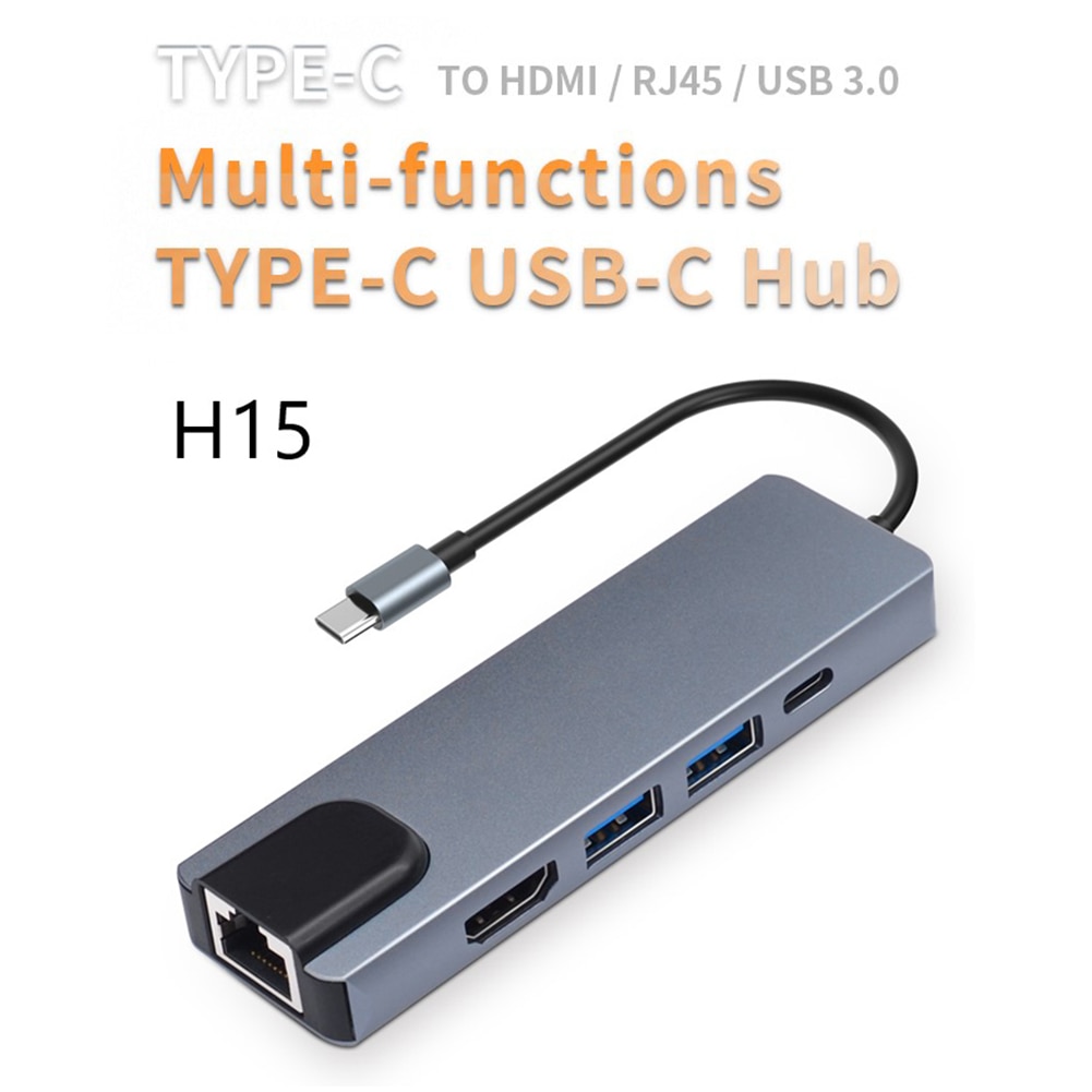 4K HDMI-compatible 2 USB3.0 PD RJ45 Adapter Notebook Smartphone Expansion Converter 5 in 1 USB 3.1 Type-C HUB Converter Splitter