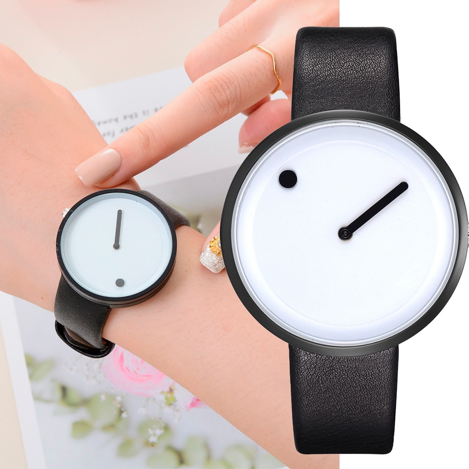 Minimalistische Stijl Lederen Horloges Vrouwen Mannen Creatieve Zwart Wit Dot & Lijn Eenvoudige Gezicht Quartz Horloges Klok