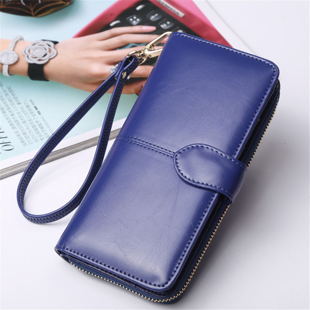 7 farver kvinders lange læder kobling solid tegnebog stor kapacitet taske kortholder lynlås: Dyb blå