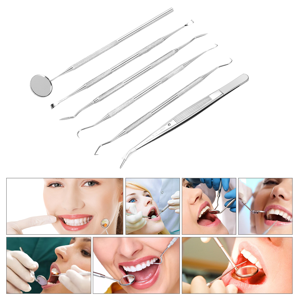 6 stk rustfrit stål tandværktøj tandforskere spejl odontoskop tandskraber tang voksudskæringssæt tandlægeinstrument