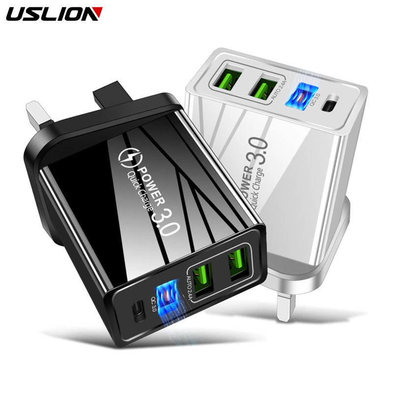 USLION 48W 4 Port Quick Charge PD 3.0 EU USB Charger Fast Charging US PD Mobile Phone Charger For iphone Samsung Xiaomi Huawei