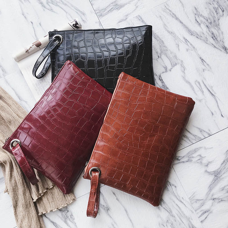 Kvinder alligator pu læder dokumentmappe luksus håndtaske konvolut stor clutch lynlås pung wristlet taske