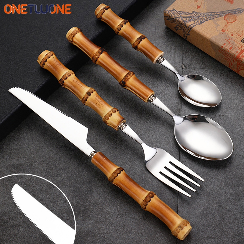 Juego de cubiertos con mango de bambú Natural, vajilla de acero inoxidable, vajilla de cocina, incluye tenedores, cucharas, cuchillos