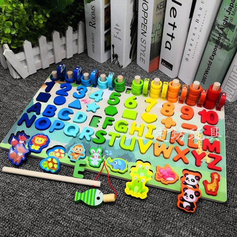 Educational Wooden Toys Children Busy Board Math Fishing Children's Wooden Preschool Montessori Toy Counting Geometry: Animal alphanumeric