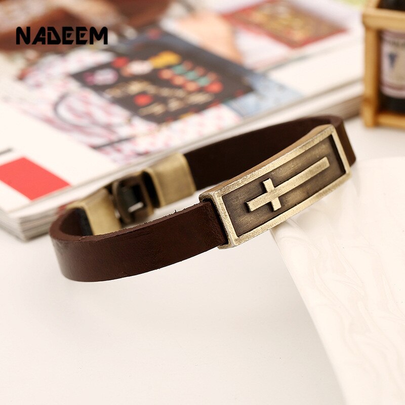 NADEEM Cross Charm Brown Leather Bracelet Men Male Vintage Punk Cross Charm Cuff Bracelet Bangle Jewelry Pulse